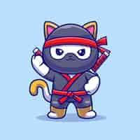 Vector gratuito lindo gato ninja con espada icono vectorial de dibujos animados ilustración icono de vacaciones de animales icono plano aislado vector