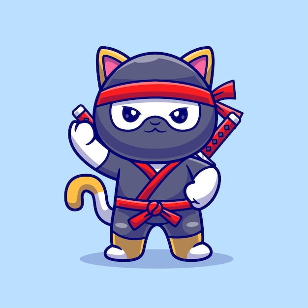 Lindo gato ninja con espada Icono vectorial de dibujos animados Ilustración Icono de vacaciones de animales Icono plano aislado Vector