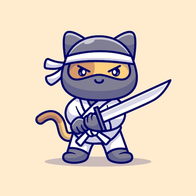 Vector gratuito lindo gato ninja sosteniendo espada dibujos animados vector icono ilustración. concepto de icono de vacaciones de animales aislado