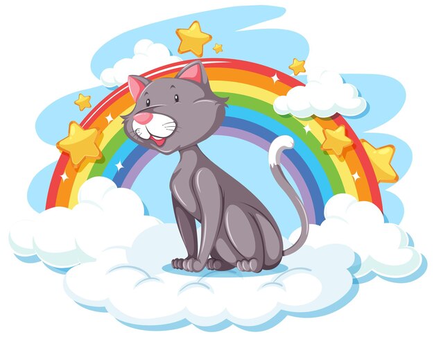 Lindo gato en la nube con arcoiris