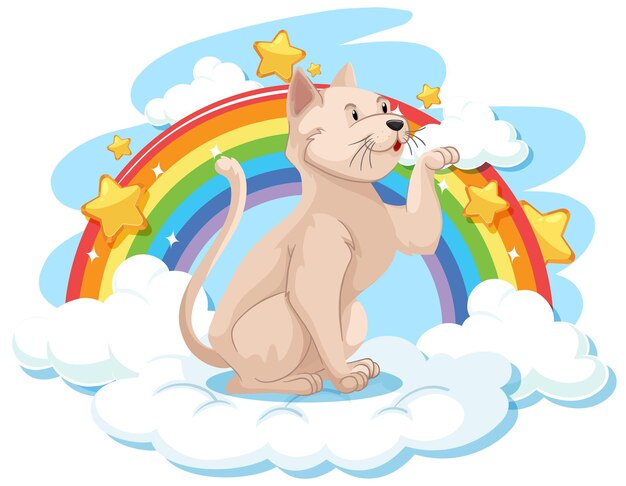 Lindo gato en la nube con arcoiris