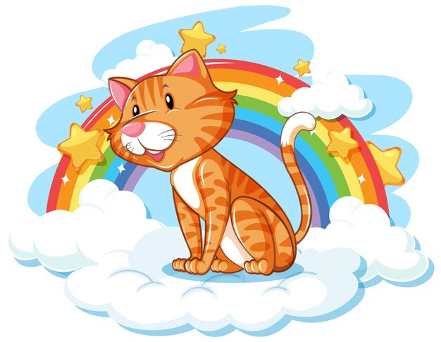 Lindo gato en la nube con arcoiris
