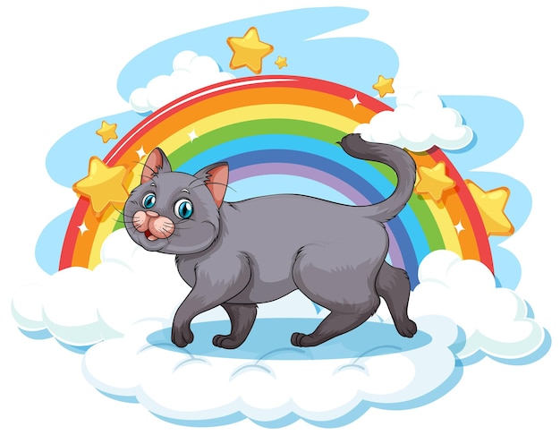 Lindo gato en la nube con arcoiris