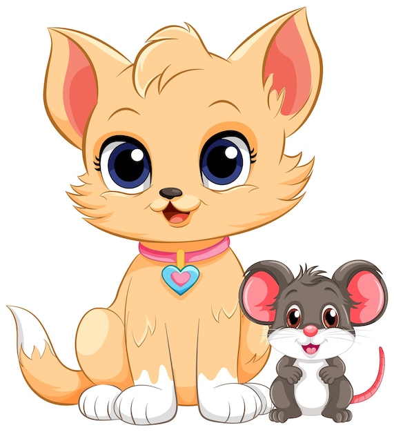 Vector gratuito lindo gato con ratón en estilo de dibujos animados