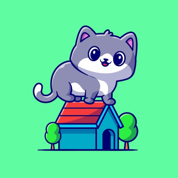 Lindo gato sentado en la ilustración de icono de vector de dibujos animados de casa. animal building icon concept aislado premium vector. estilo de dibujos animados plana
