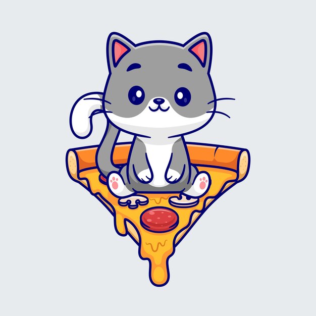 Lindo Gato Sentado En Pizza Dibujos Animados Vector Icono Ilustración Concepto De Icono De Comida Animal Aislado Plano