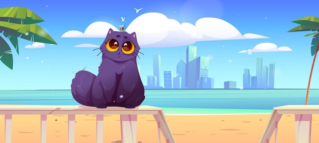 Vector gratuito lindo gato sentarse en la baranda de la terraza en la playa del mar