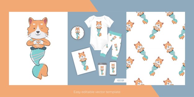 Lindo gato con sirena personalizada para merch y patrones sin fisuras
