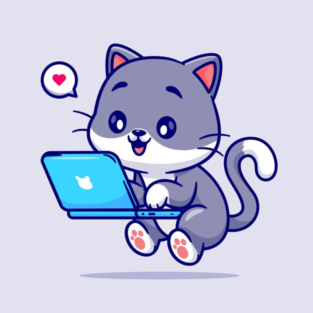 Lindo Gato Trabajando En Laptop Dibujos Animados Vector Icono Ilustración Animal Tecnología Icono Concepto Aislado