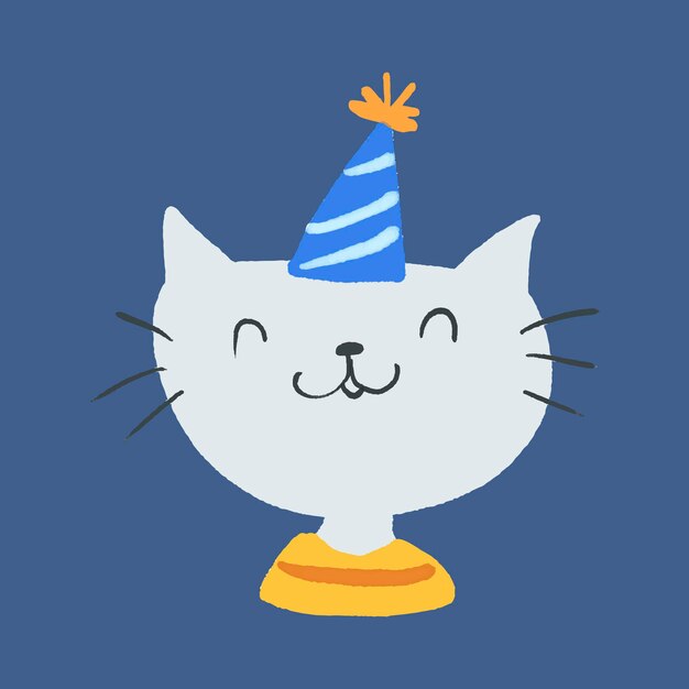 Lindo gato en vector de etiqueta engomada del sombrero de fiesta, Ilustración de celebración