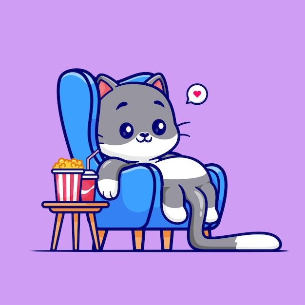 Vector gratuito lindo gato viendo una película con palomitas de maíz y refrescos en el sofá dibujos animados vectoricon ilustración animal plano