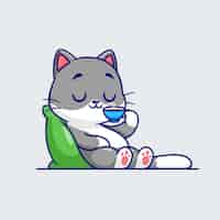 Vector gratuito lindo gato yacía sobre la almohada con café icono de vector de dibujos animados ilustración icono de bebida animal aislado plano
