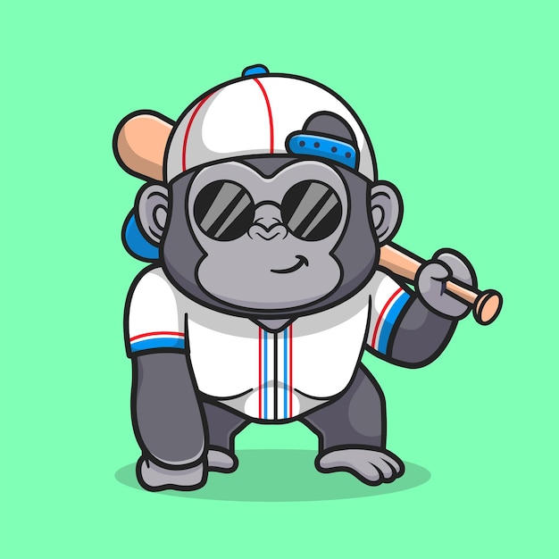 Lindo gorila jugando béisbol dibujos animados vector icono ilustración. concepto de icono de deporte animal aislado