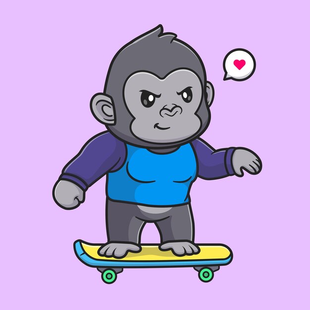 Lindo gorila jugando patineta dibujos animados Vector icono ilustración. Concepto de icono de deporte animal aislado