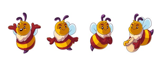Lindo y gracioso bebé abeja mascota conjunto vectorial de dibujos animados