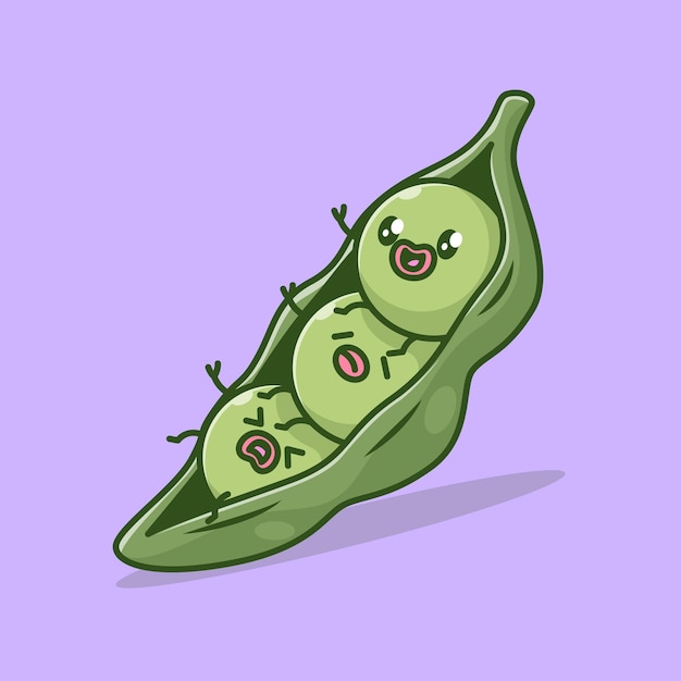 Lindo, guisantes verdes, caricatura, vector, icono, ilustración, alimento, objeto, icono, concepto, aislado, plano, vector