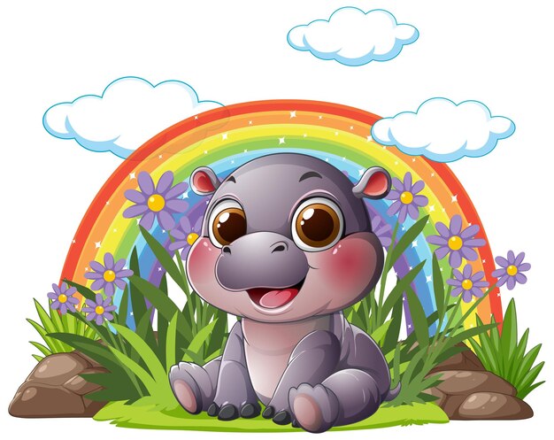 El lindo hipopótamo con arco iris y flores