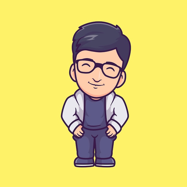 Lindo hombre con gafas y chaqueta con capucha de pie dibujos animados vector icono ilustración personas música