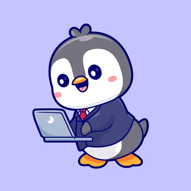 Lindo hombre de negocios pingüino trabajando en la computadora portátil dibujos animados icono vectorial ilustración animal negocio plano