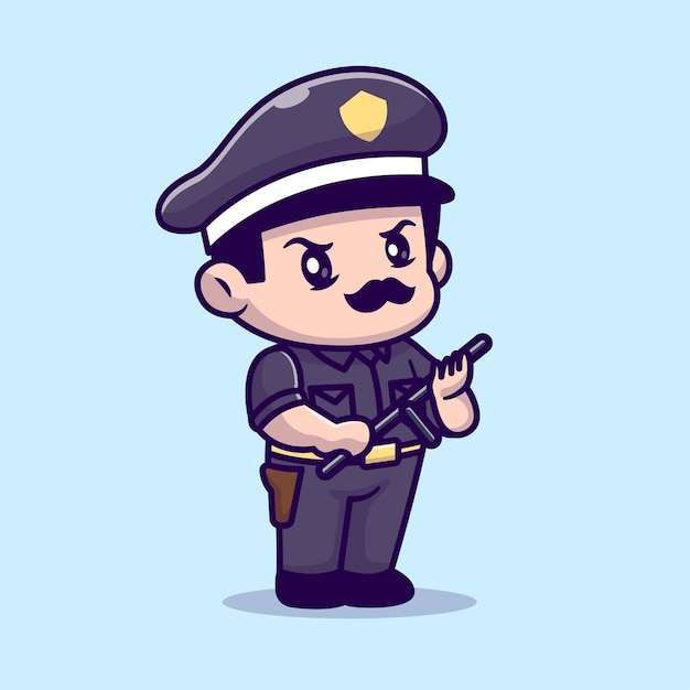 Vector gratuito lindo hombre policía sosteniendo palo bastón dibujos animados vector icono ilustración personas profesión aislada