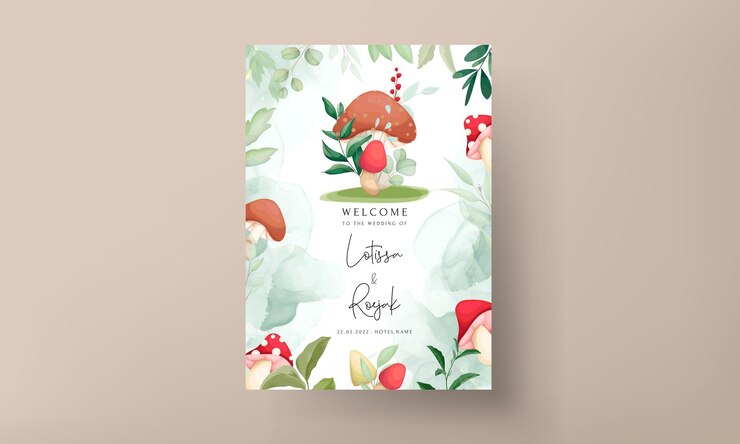 Lindo hongo y hojas dibujo a mano tarjeta de invitación de boda