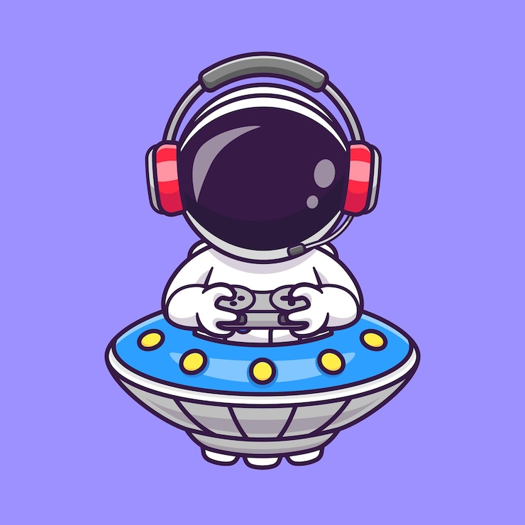 Vector gratuito lindo juego de astronautas con auriculares en la ilustración del icono del vector de dibujos animados de la nave espacial ovni. juego de azar
