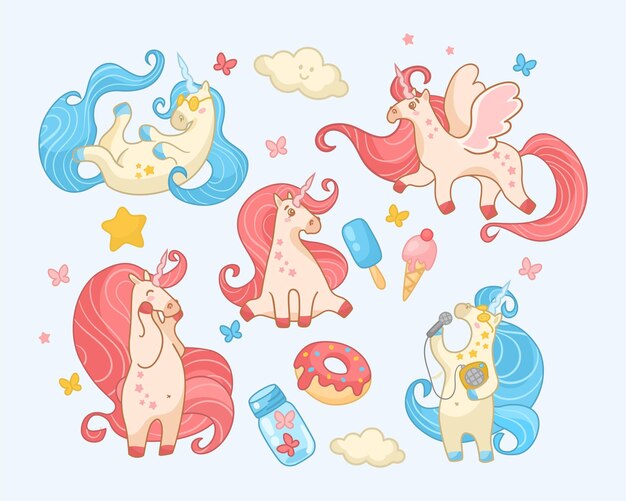Lindo juego de ilustración de dibujos animados de unicornios felices. Hermosos y adorables personajes mágicos rosas y azules con estrellas, flores, donuts y flores cantando, mintiendo y volando. Fantasía, concepto de cuento de hadas