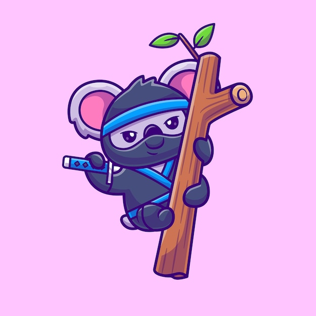 Vector gratuito lindo koala ninja colgado en un árbol con una espada ilustración de icono vectorial de dibujos animados vacaciones de animales aisladas