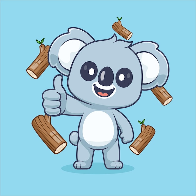 Vector gratuito lindo koala pulgares hacia arriba con rama árbol de madera icono vectorial de dibujos animados ilustración naturaleza animal aislada