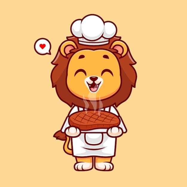 Lindo León Chef Cocinar Filete Carne Dibujos animados Vector Icono Ilustración Animal Comida Icono Aislado Plano