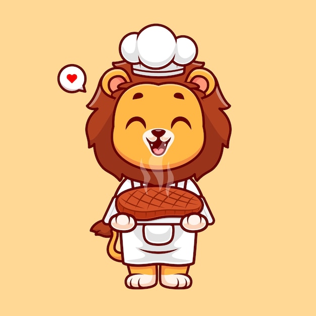 Lindo león chef cocinar filete carne dibujos animados vector icono ilustración animal comida icono aislado plano