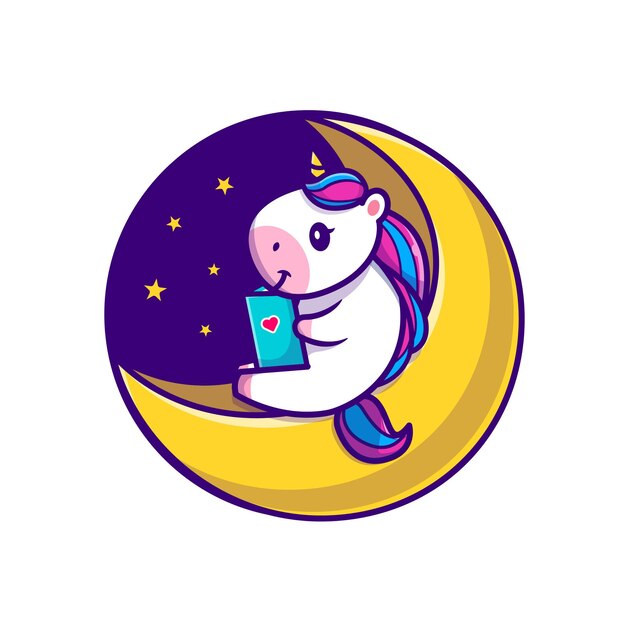 Lindo libro de lectura de unicornio en la ilustración de icono de dibujos animados de luna