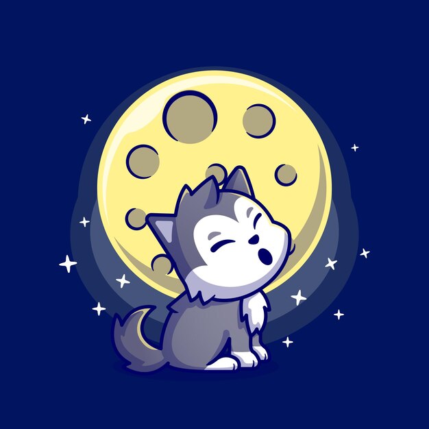 Lindo lobo rugido con personaje de dibujos animados de luna. Naturaleza animal aislada.