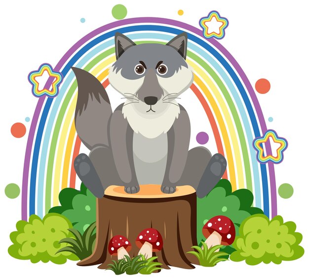 Lindo lobo en tocón en estilo de dibujos animados plana