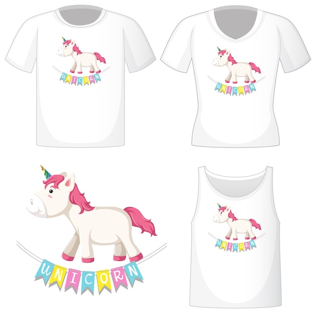 Lindo logo de unicornio en diferentes camisas blancas aisladas en blanco