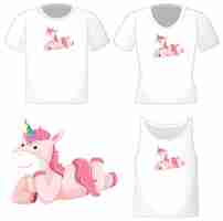 Vector gratuito lindo logo de unicornio rosa en diferentes camisas blancas aisladas