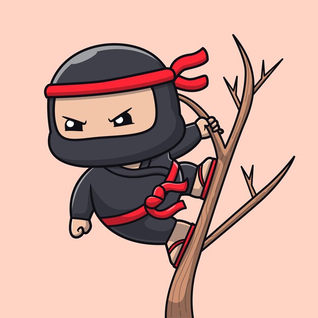 El lindo luchador ninja colgado en un árbol icono vectorial de dibujos animados Ilustración gente vacaciones aislado plano