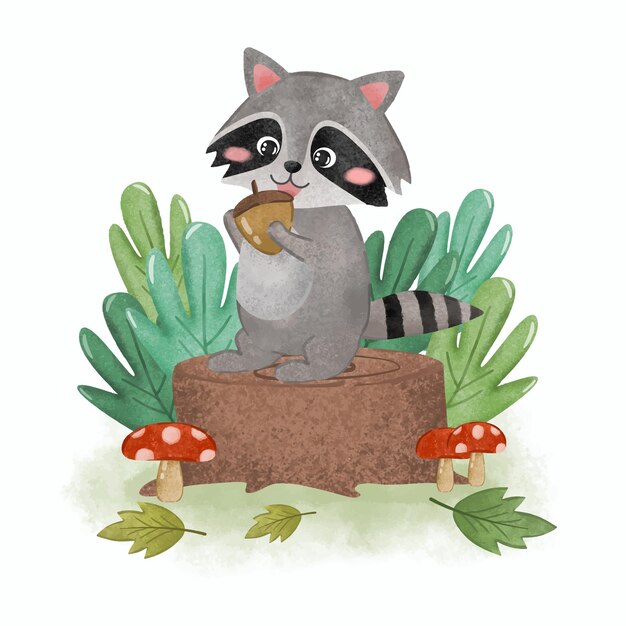 El lindo mapache comiendo semillas de roble en el bosque al estilo de la pintura de acuarela