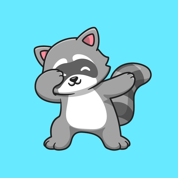 Lindo mapache Dabbing Cartoon Vector icono ilustración. Concepto de icono de naturaleza animal aislado Vector Premium. Estilo de dibujos animados plana