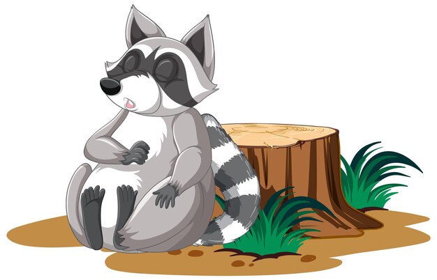 Lindo mapache de dibujos animados durmiendo con muñón sobre fondo blanco