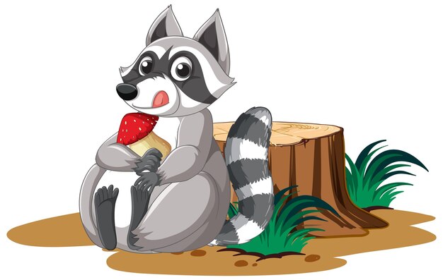 Lindo mapache de dibujos animados con hongo con tocón en backgr blanco