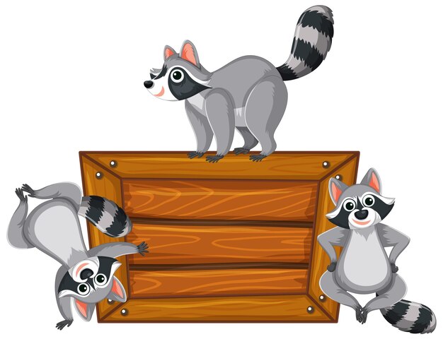 Lindo mapache de dibujos animados de pie alrededor del marco de la bandera del tablero de madera