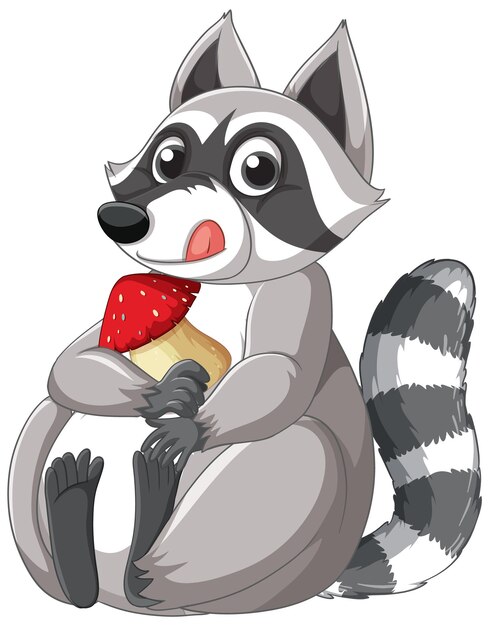 Lindo mapache de dibujos animados sentado con champiñones sobre fondo blanco