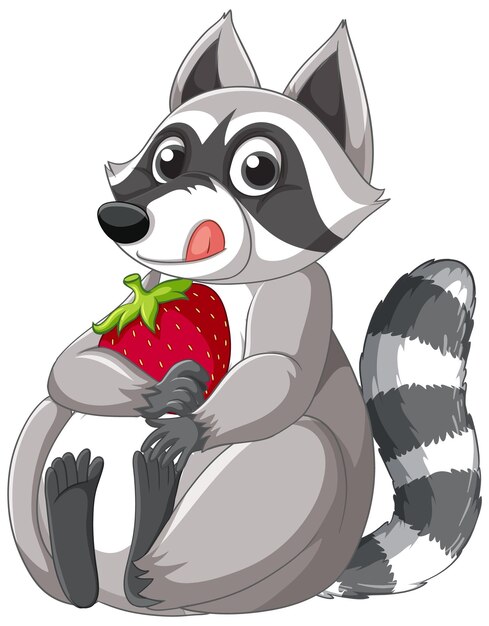 Lindo mapache de dibujos animados sentado con fresa sobre fondo blanco