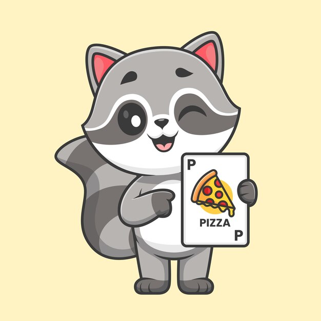 El lindo mapache sosteniendo una pizza juego de cartas de dibujos animados icono vectorial ilustración de animales vacaciones aislado plano