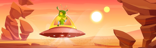 Vector gratuito lindo marciano en ovni en marte paisaje de planeta alienígena