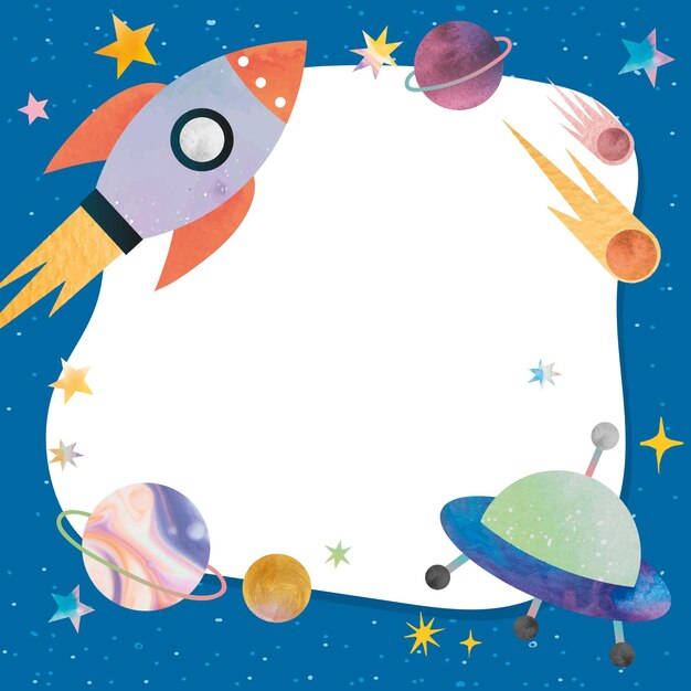 Lindo marco azul galaxia sobre fondo blanco para niños