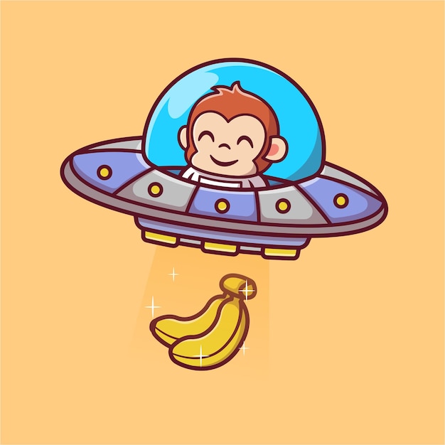 Vector gratuito lindo mono astronauta conduciendo ufo atrapando plátano dibujos animados vector icono ilustración ciencia animal
