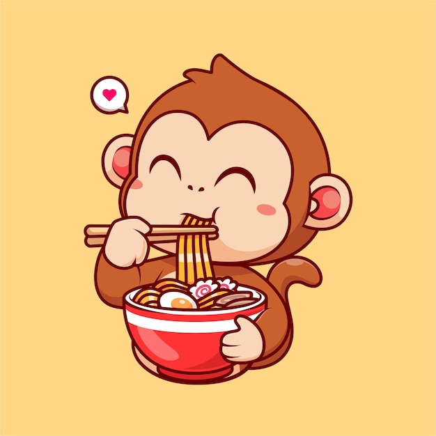 Lindo Mono Comiendo Fideos Ramen Dibujos Animados Vector Icono Ilustración Concepto De Icono De Comida Animal Aislado