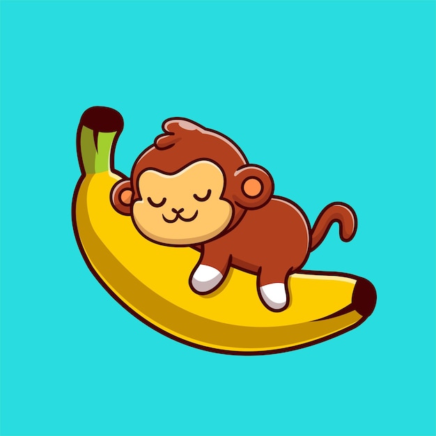 Lindo mono durmiendo en la ilustración de icono de Vector de dibujos animados de plátano. Concepto de icono de naturaleza animal aislado Vector Premium. Estilo de dibujos animados plana